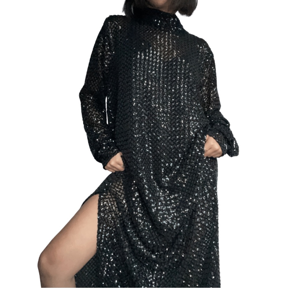 NWT ELOUQUII Black Sequin Mock Neck Long-Sleeve Formal Gown w/ Slit—Size 22